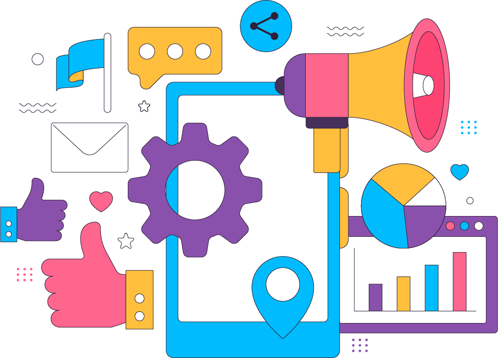 Contact for Digital Marketing Services image featuring a thumbs-up symbol, a mobile phone, gears, a loudspeaker, and analysis charts, representing the diverse and comprehensive services offered by the agency for effective digital marketing strategies.